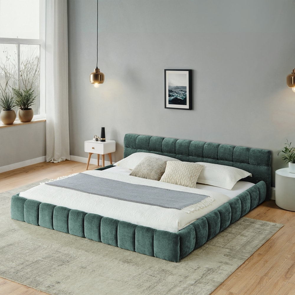 Block Thick Chenille Low Profile Platform Bed Fabric Upholstered Bedframe with Headboard Solid Wood Frame - Optional Storage Bed
