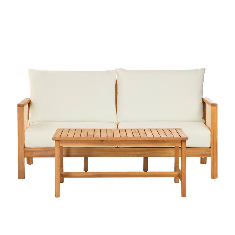 Christopher Knight Home - Arno Mid-Century Modern Outdoor Acacia Wood Sofa Seating Set with Cushions and Coffee Table