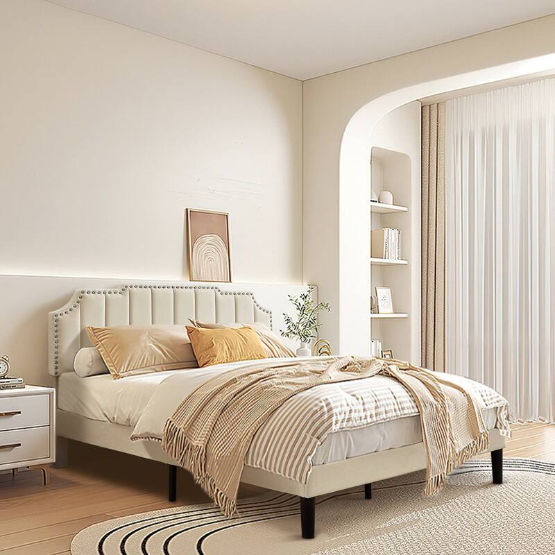 VECELO Upholstered Bed Frame with Nailhead Trim Adjustable Height Headboard, Twin/Full/Queen Size Bedframes
