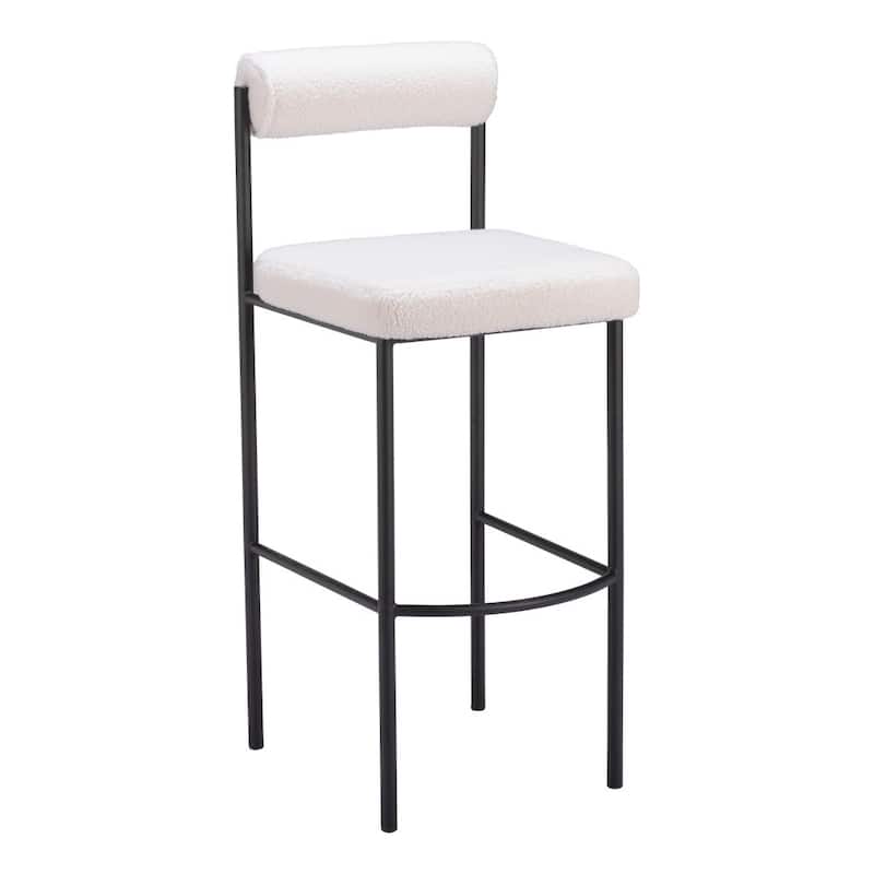 Set of Two 30" Ivory and Black Shearling and Steel Low Back Bar Height Bar Chairs
