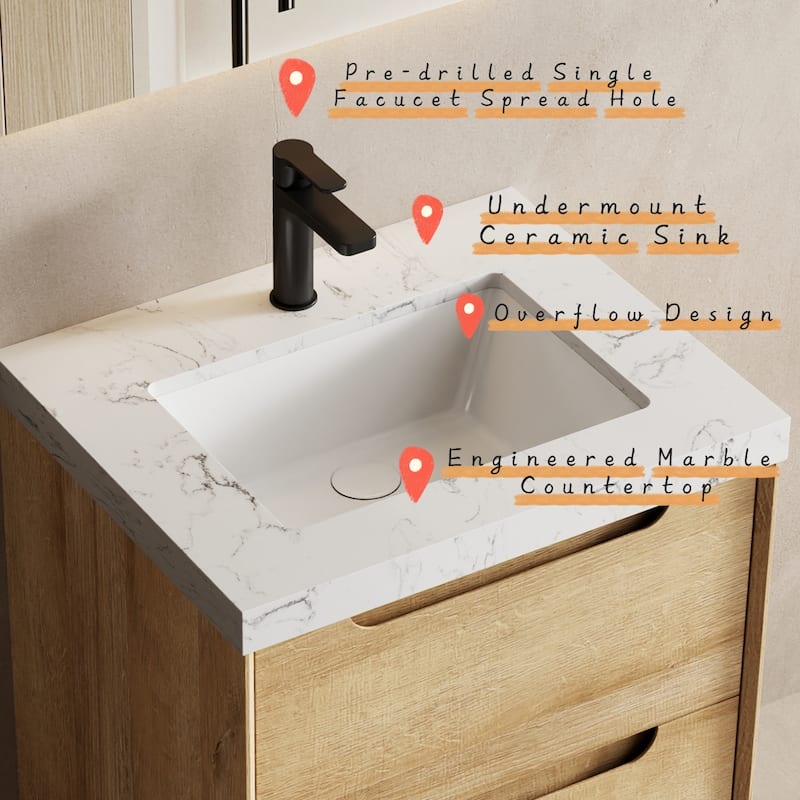 Prismis 24" 30" Wall-Mount Premium Bathroom Vanity with Upgraded Top
