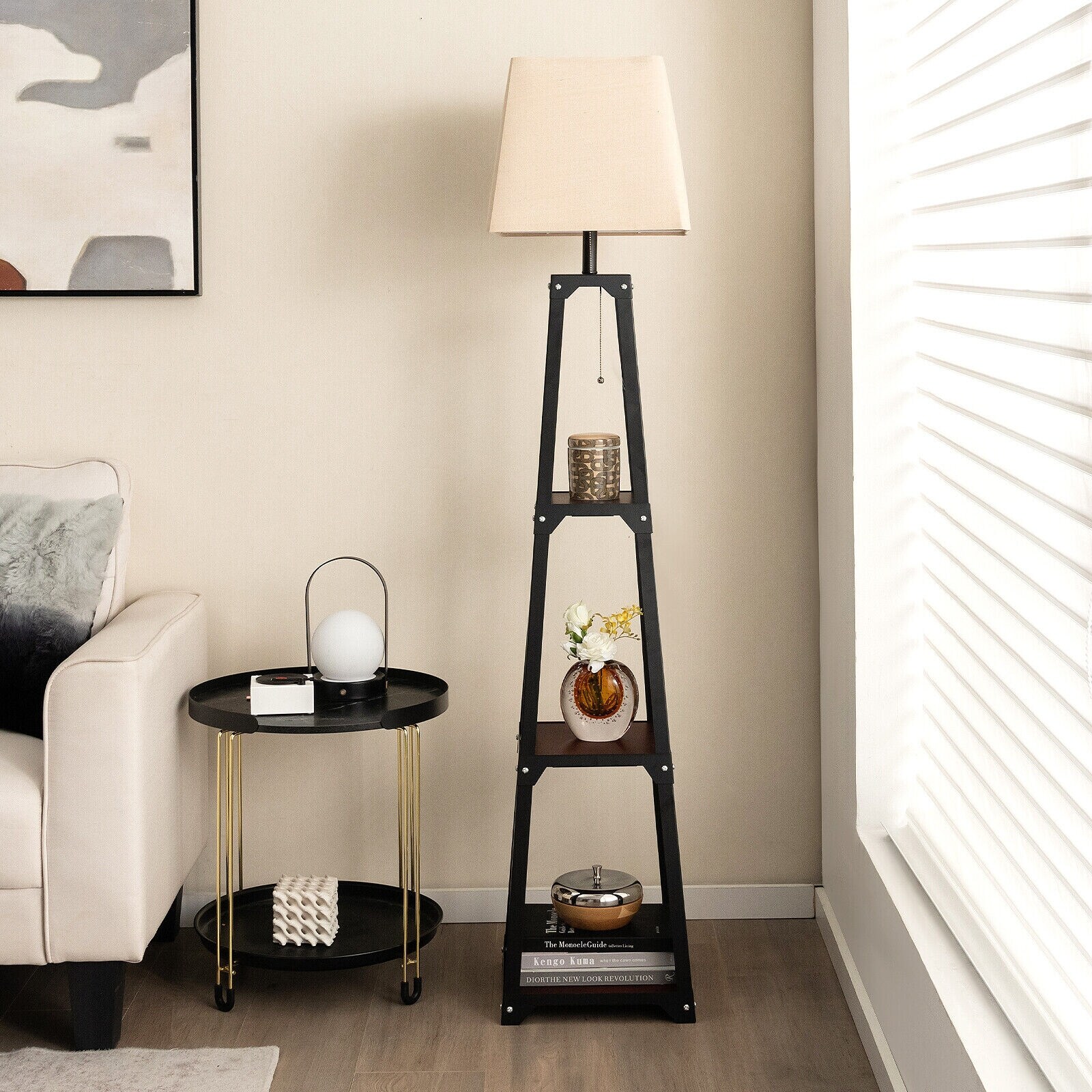 Trapezoidal Designed Floor Lamp with 3 Tiered Storage Shelf 13 x 13 x 62