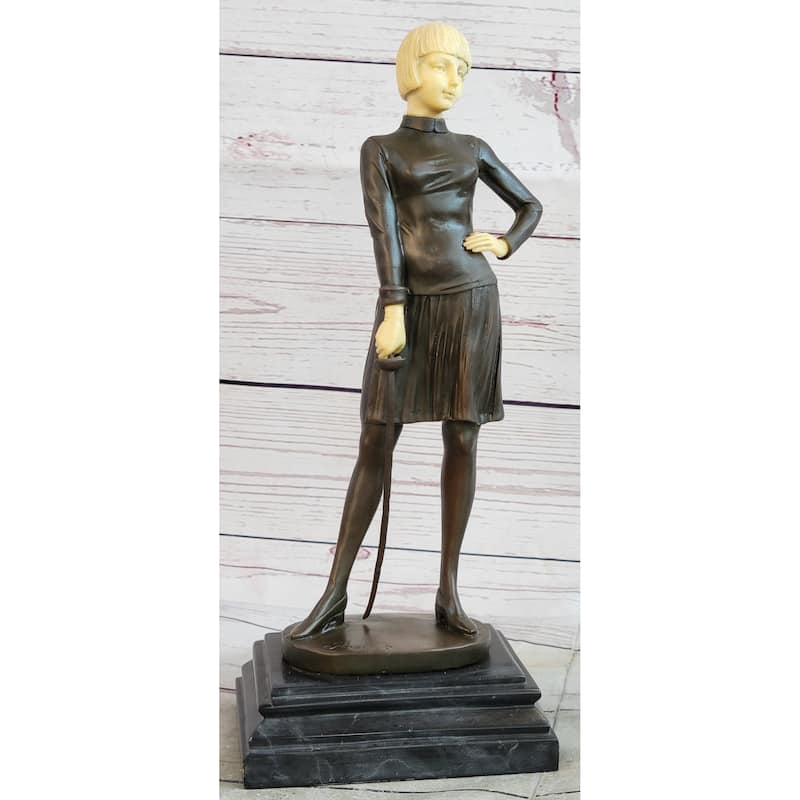 Hot Cast Bronze W/ Resin Head Hands - Female Fencer Sculpture On Marble Base