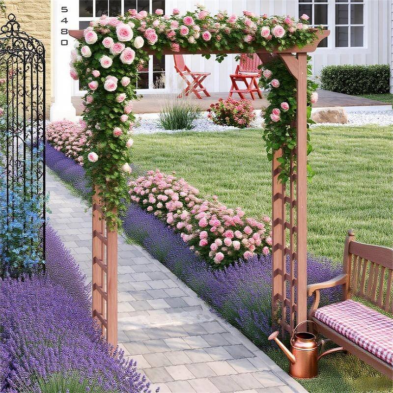 Romantic Solid Wood Garden Arbor, Elegant Light Brown Wedding Arch & Plant Trellis, Heavy-Duty Pergola For Backyard Ceremonies