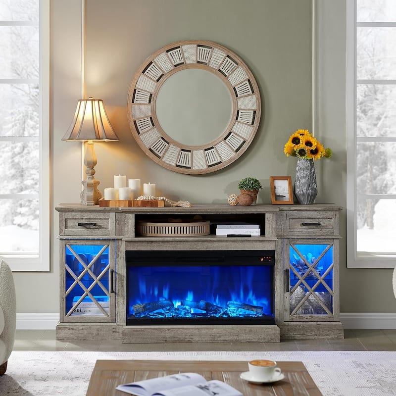 Fireplace TV Stand for 80 Inch TV, Entertainment Center,Media Console - Light Rustic Oak