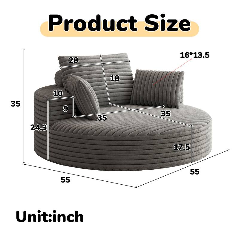 Fluffy Sleeper Sofa Chair 360° Swivel Chair Sofa Single Chaise Lounge Corduroy Foam Sofa Chair with Neck Support and Pillows