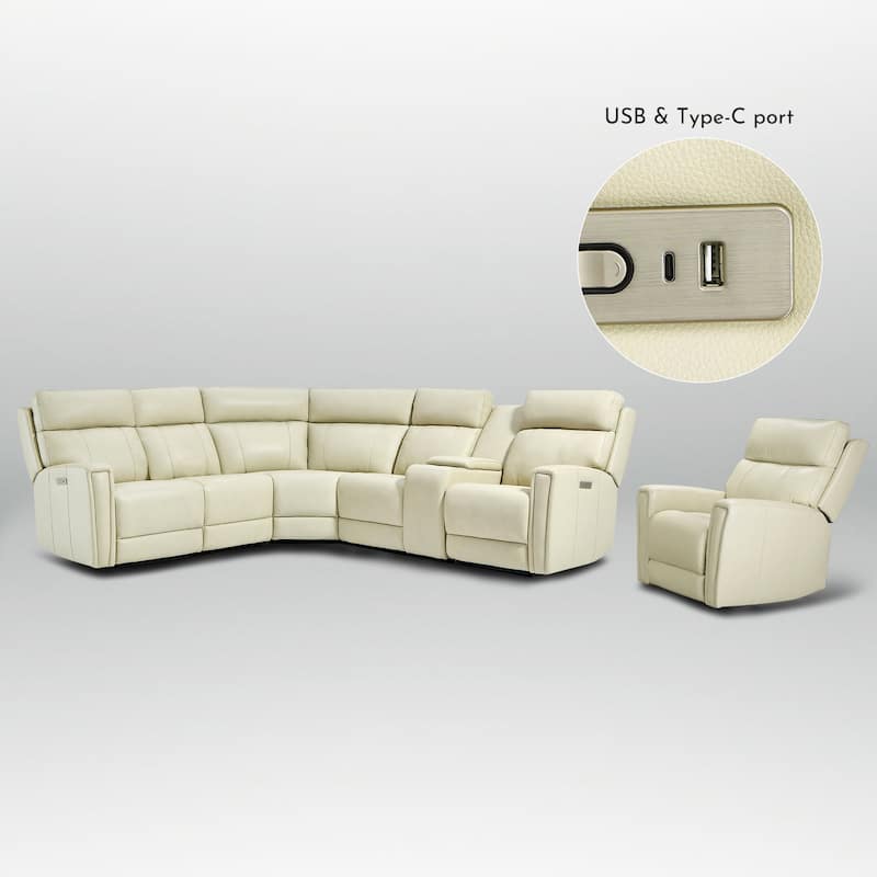104" W 6 Seater Genuine Leather Power Sectional and 39" W Recliner Set with Zero Gravity, USB Ports, 2 Stationary Armlesschairs