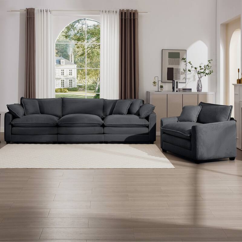 2-Piece Flexible Combinations Sofa Set with 3-Seater Corduroy Fabric Sofa and Single Accent Sofa Chair for Livingroom