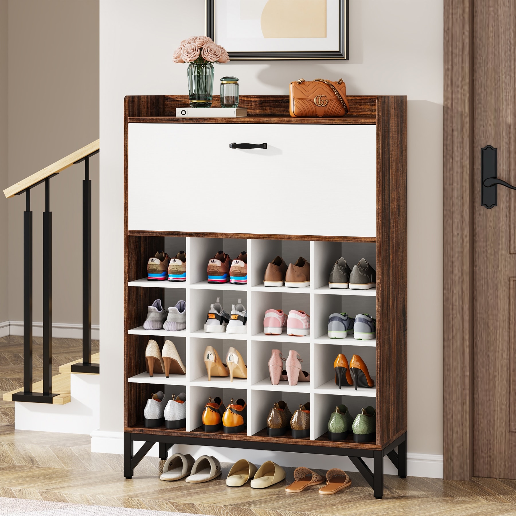 17 in. H 5-Pair Brown Wood Shoe Rack Bench 3-Tier Storage Shelf