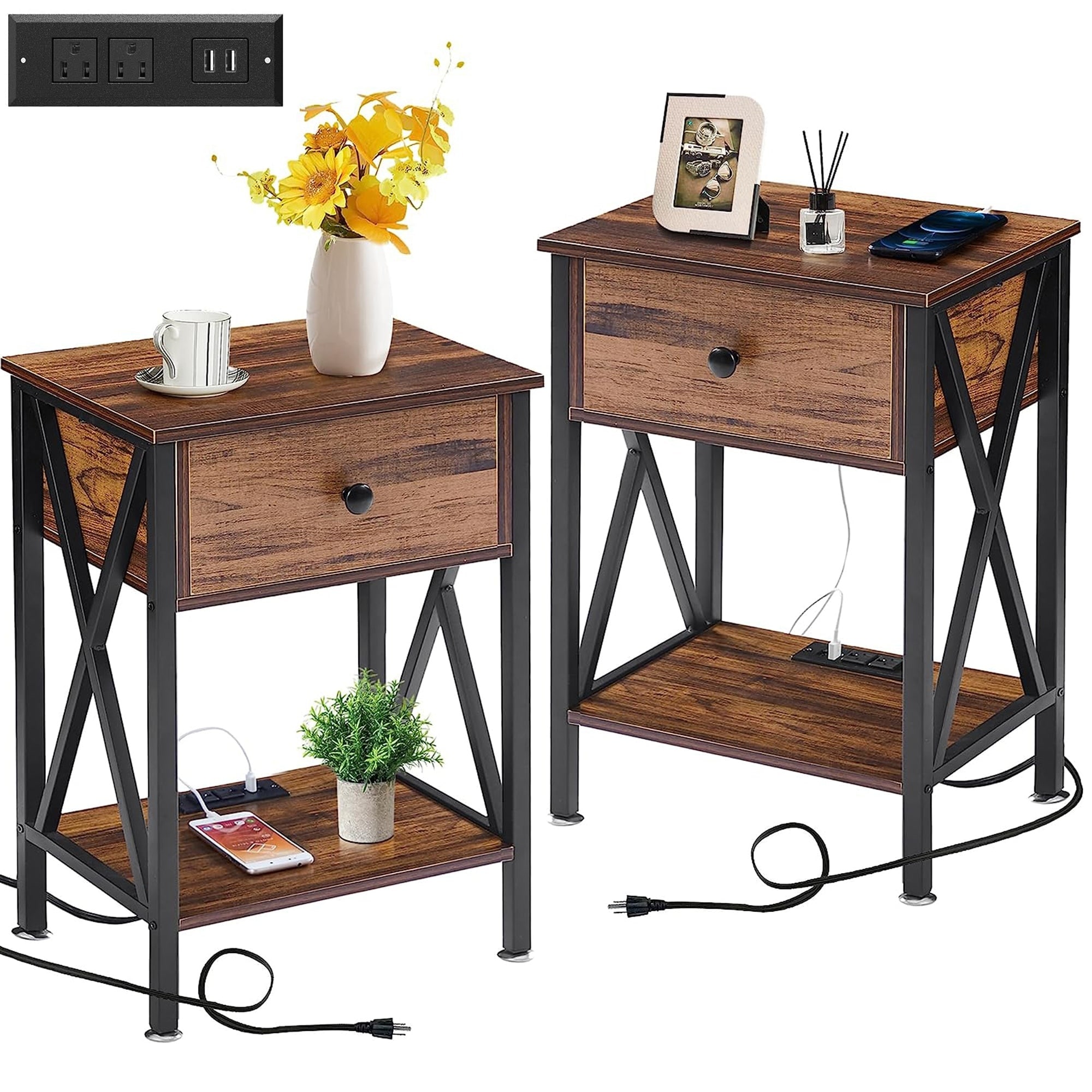 Costway Set Of 2 End Bedside Table Rectangular Nightstand W/ 2