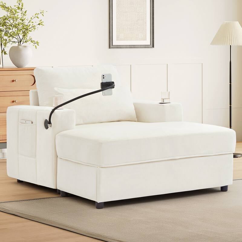 Modern Style Armchair 42.5" Chaise Lounge Sofa Couch with a Movable Storage Ottoman, Two USB Ports, Two Cup Holders