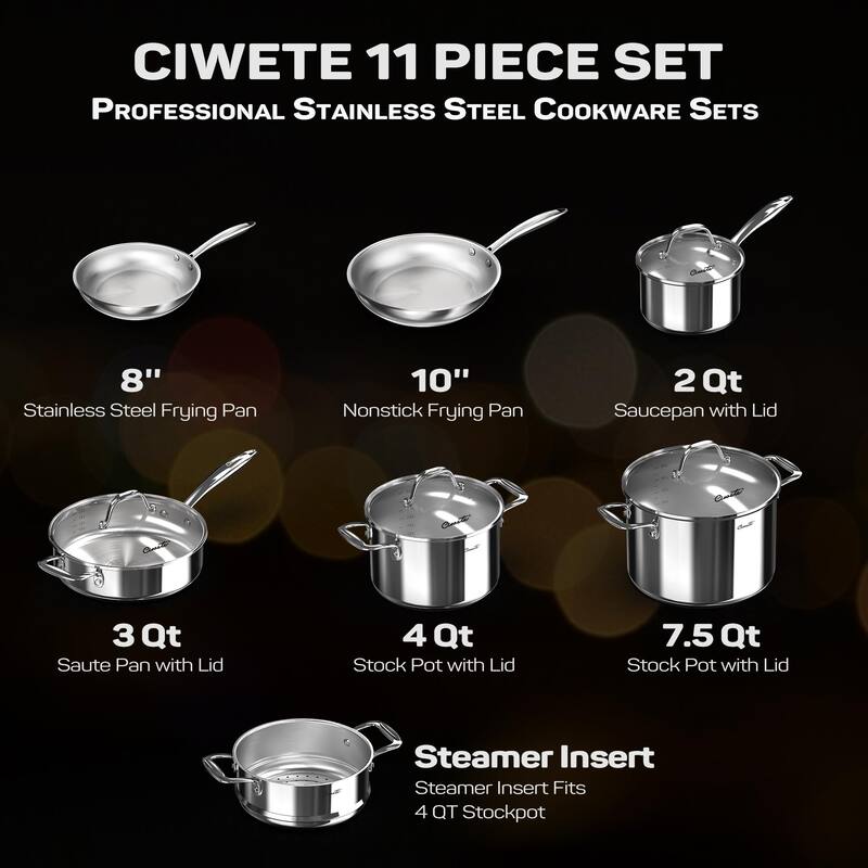 11-Piece Tri-Ply Stainless Steel Cookware Set