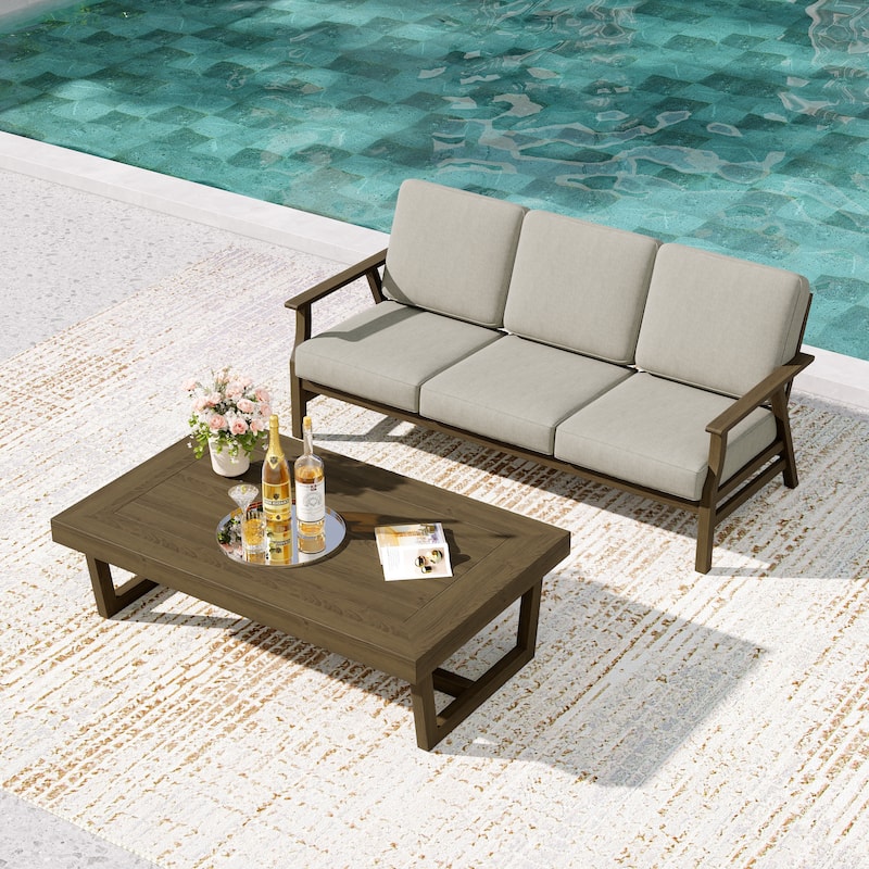 2-Piece Teak Outdoor Sofa Set with Table - Light Camel/coffee table - Brown Wood