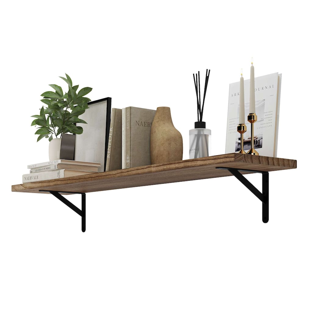 Wallniture Forme 48"-60" Long Floating Shelves for Living Room & Office Decor, Solid Wood Shelves, Wall Mounted, 1" Thick, Burnt