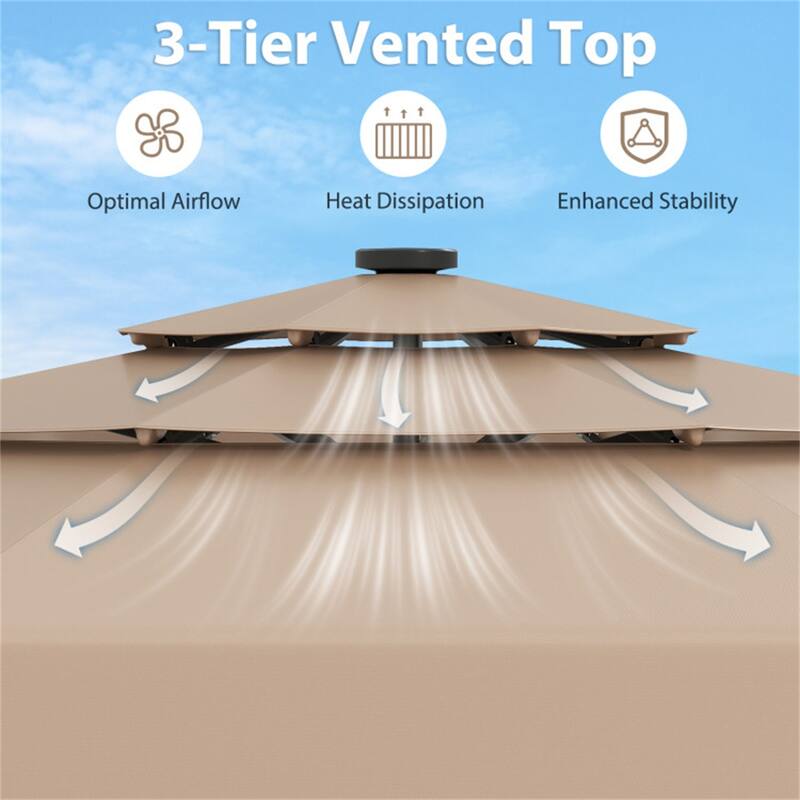 Outdoor 10 ft Umbrella with 3-Tier Venting Solar LED Lights Tilt and Crank for Poolside or Garden