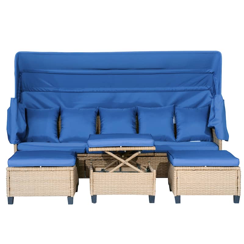 4 Piece UV-Proof Resin Wicker Patio Sofa Set with Retractable Canopy, Cushions & Lifting Table, Beige