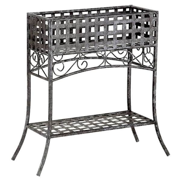 Elevated Rectangular Metal Planter Stand In Black Wrought Iron Pictured Overstock 29084701 Vintage style shabby chic wrought iron floor standing candle stick holder.the metal has been powder coated in grey and has 6 individual candle holders.