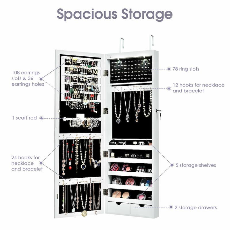 Lockable Wall Mount Mirrored Jewelry Cabinet with LED Lights - White - 14.6" x 3.8" x 43.3" (L x W x H)