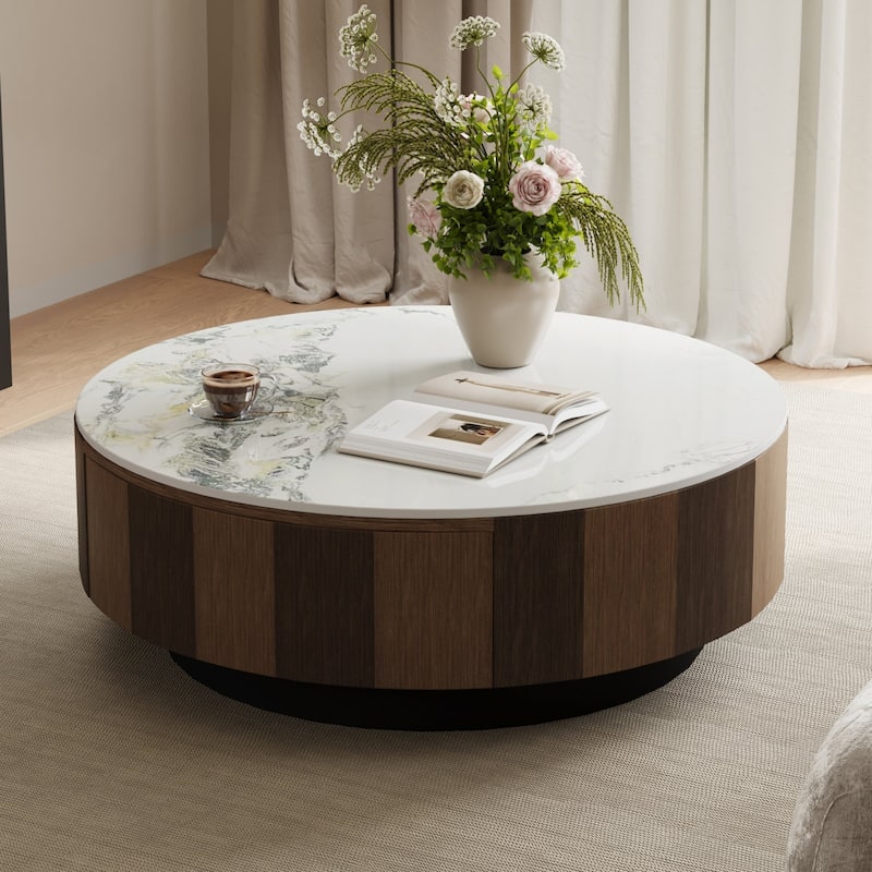 35" Modern Faux Marble Round Coffee Table, White Glossy Sintered Stone Tabletop - Brown - Marble
