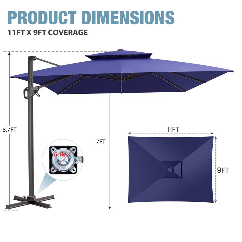 VredHom Outdoor 9x11FT Patio Dual Top Cantilever Offset Umbrella