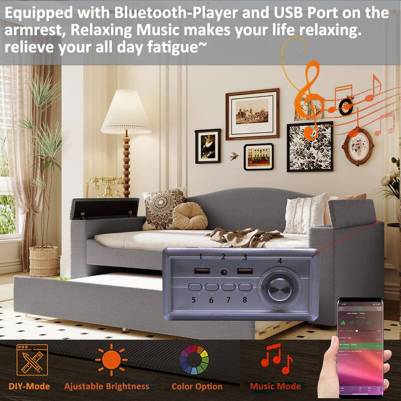 Twin Upholstered Daybed with Bluetooth Audio, Storage & Trundle in Teddy Fleece, Gray