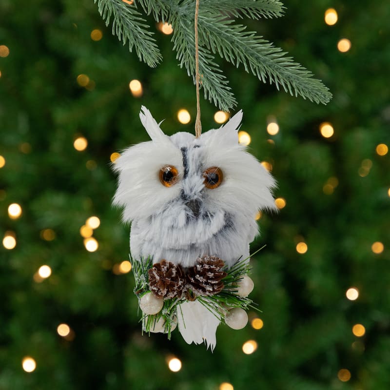 6" White Owl with Pinecones and Berries Christmas Ornament