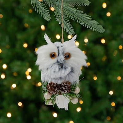 6" White Owl with Pinecones and Berries Christmas Ornament