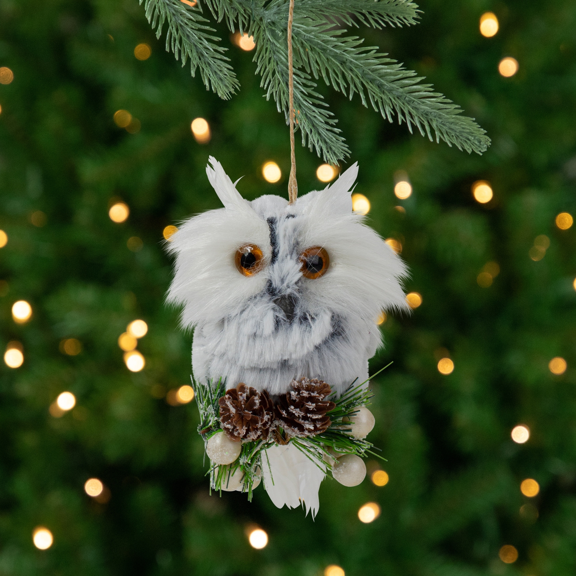 6" White Owl with Pinecones and Berries Christmas Ornament