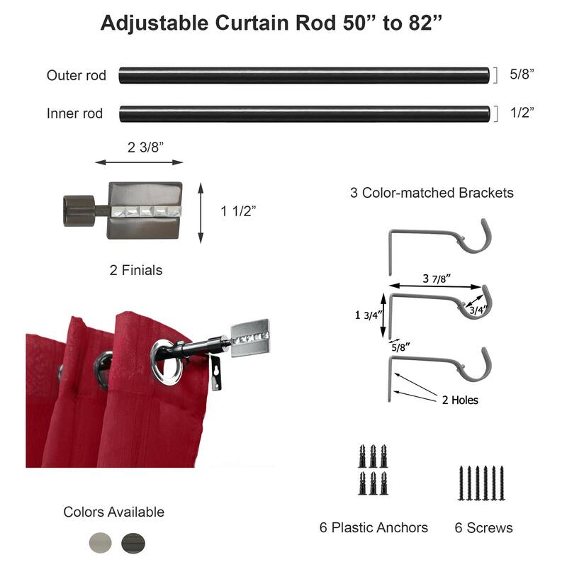 Adjustable Single Curtain Rod 50"-82" with Faceted Finials and Brackets, Graphite - 50" to 82" L x 5/8" D