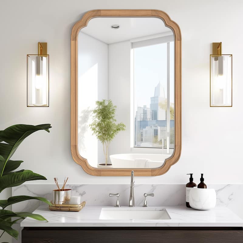 Decorative Scalloped Corner Rectangle Farmhouse Style Wall Mirror - 20" x 30" - Light Oak
