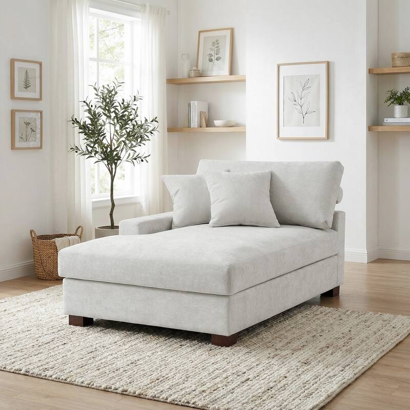 Oversized Chenille Modular Chaise Lounge With Deep Seat - Left facing - Off-White