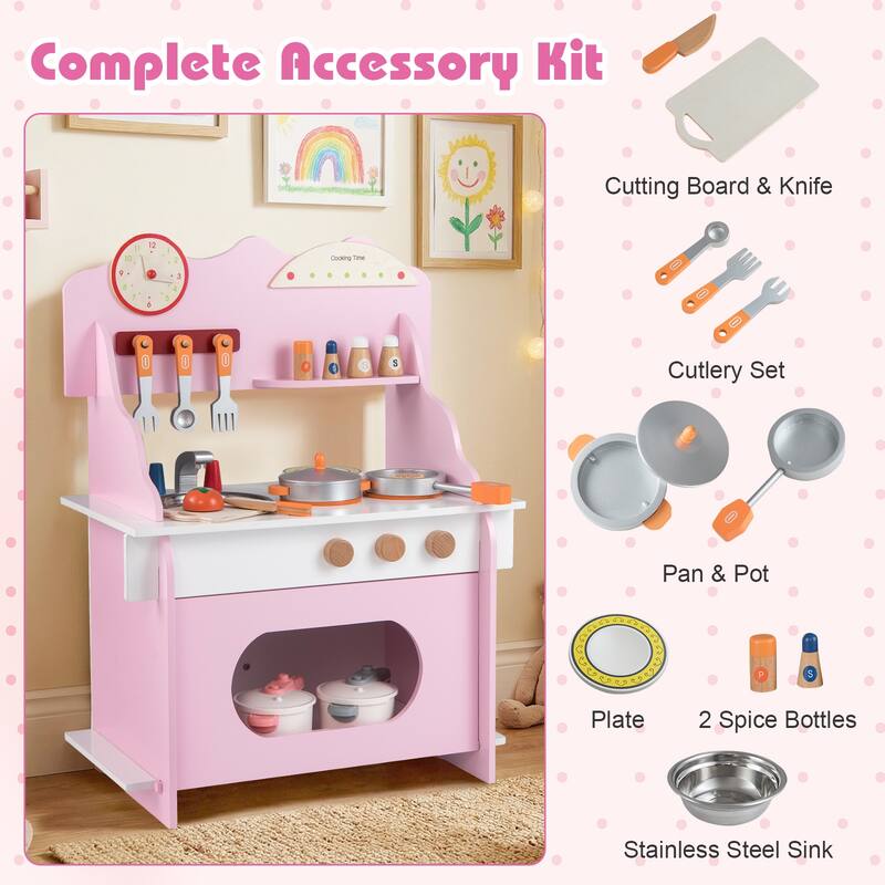 Gymax Pretend Play Toy Kitchen Set w/Clock Stove Spice Rack Faucet &
