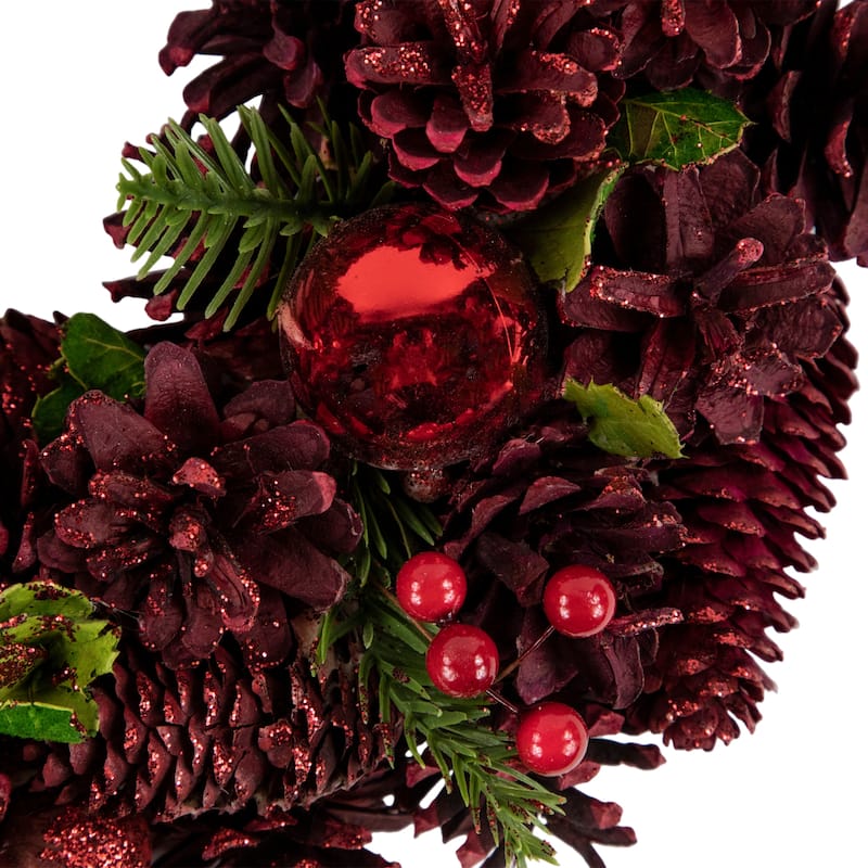 Red Pinecone Berry and Ornament Christmas Wreath 13.5-Inch Unlit - 13.5"