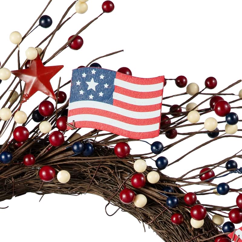 Glitzhome Americana Flag Patriotic Round/Heart Berry Wreaths