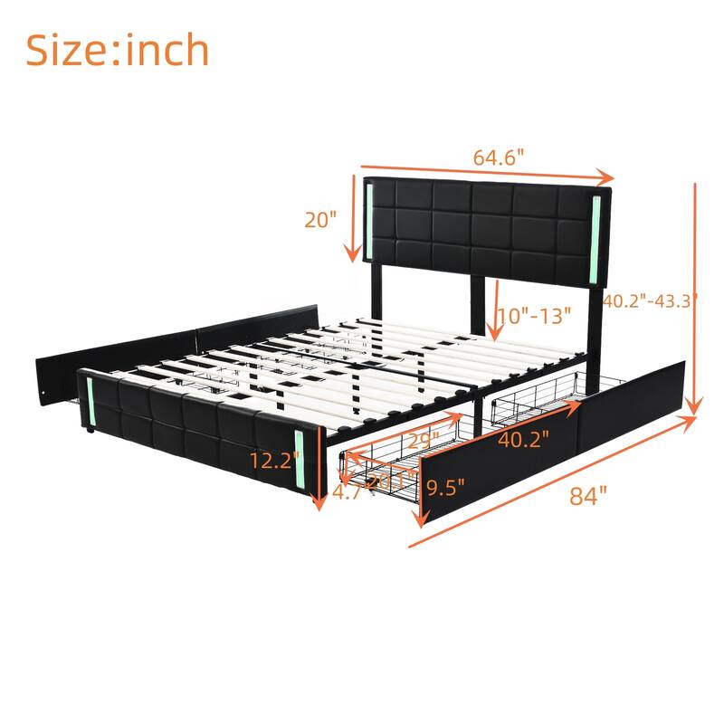 Queen Size Upholstered Platform Bed with LED Lights and USB Charging