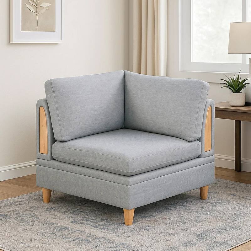 Gimy 37 Inch Modular Corner Sofa Chair, Light Gray Dorris Fabric, Wood