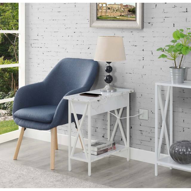 Carbon Loft Ehrlich Flip-top End Table with Charging Station - White Faux Marble/White