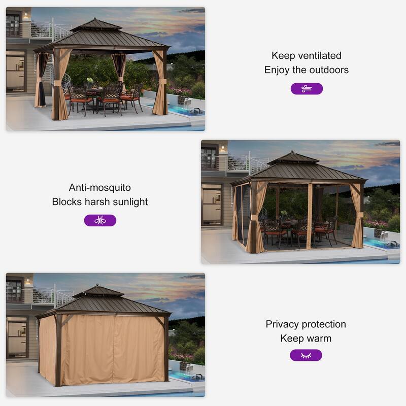 PURPLE LEAF Outdoor Gazebo Aluminum Frame Galvanized Steel Hardtop Gazebo with Bulbs