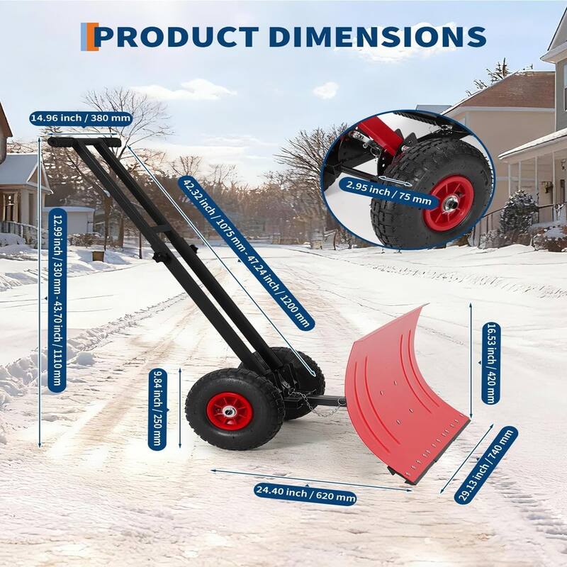 29x16.53 In Heavy Duty Rolling Snow Shovel With Wheels Double Armrests - 29x16.53 In