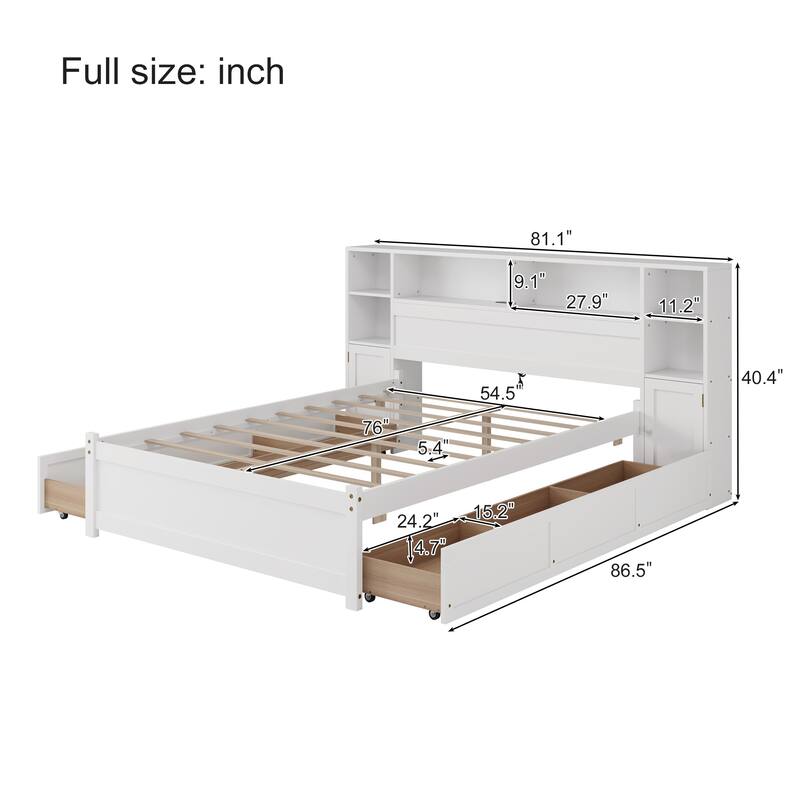 Twin/Full Size Wooden Storage Bed Frame with Bookcase Headboard and Charging Station, Platform Bed with 6 Drawers
