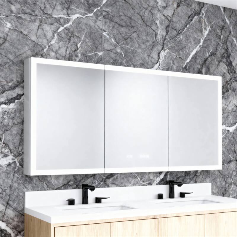 Rectangular Aluminum Recessed/Surface Mount Medicine Cabinet in Silver with Mirror LED and Clock