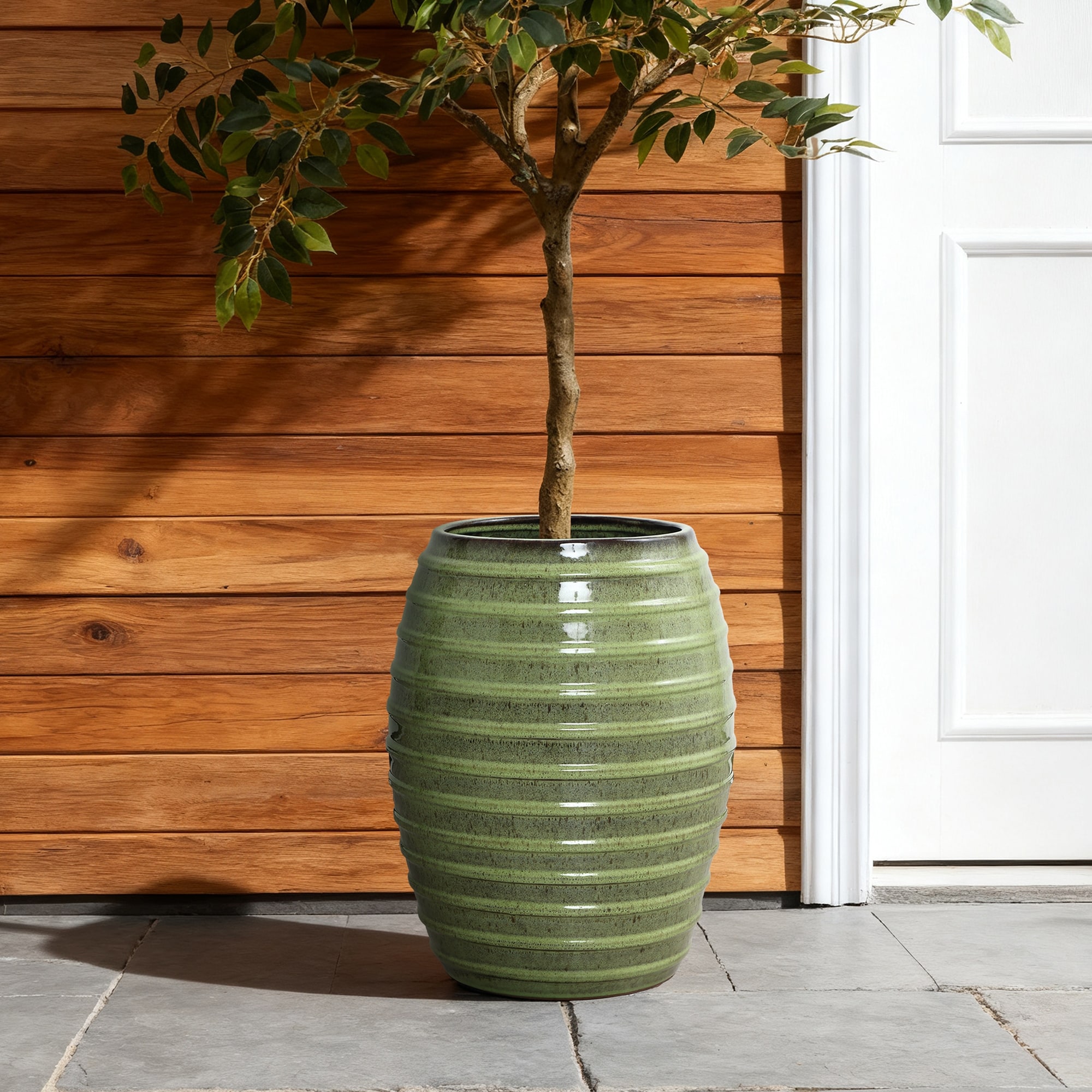 17.7" Ceramic Planter, Round Ribbed Pot for Flowers, Greenery, or Plants