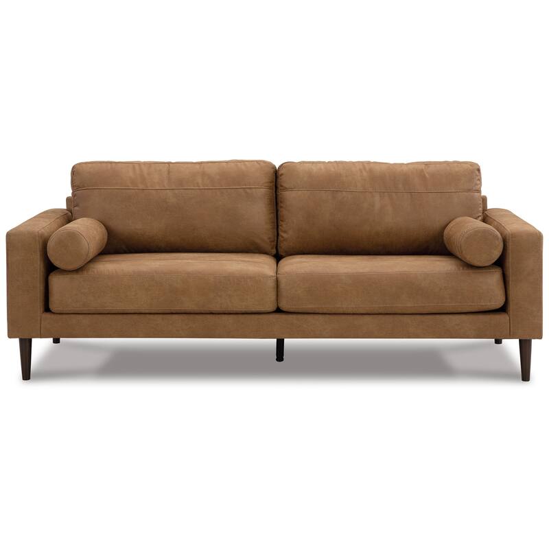 Tely 85 Inch Sofa, Transitional Style, Soft Caramel Brown Faux Leather