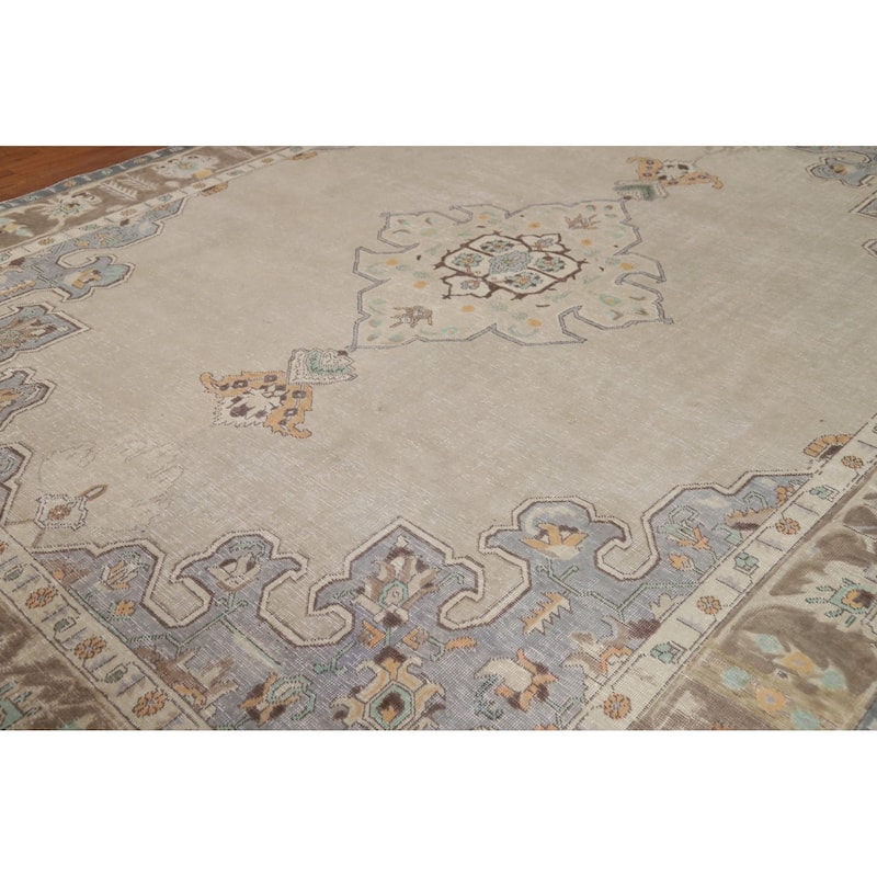 Medallion Tabriz Persian Area Rug Beige Handmade Wool Carpet - 9'1"x 11'0"