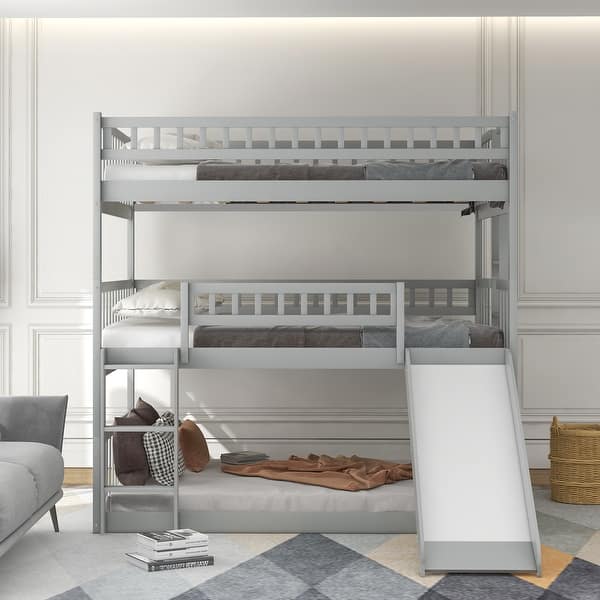 slide 2 of 15, Space-Saving Triple Bunk Bed with Ladder, Slide & Guardrails Light Grey