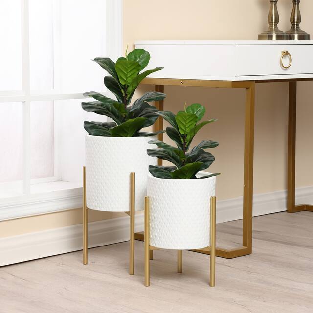 White Metal Round 2-piece Cachepot Planters and Gold Stands Set