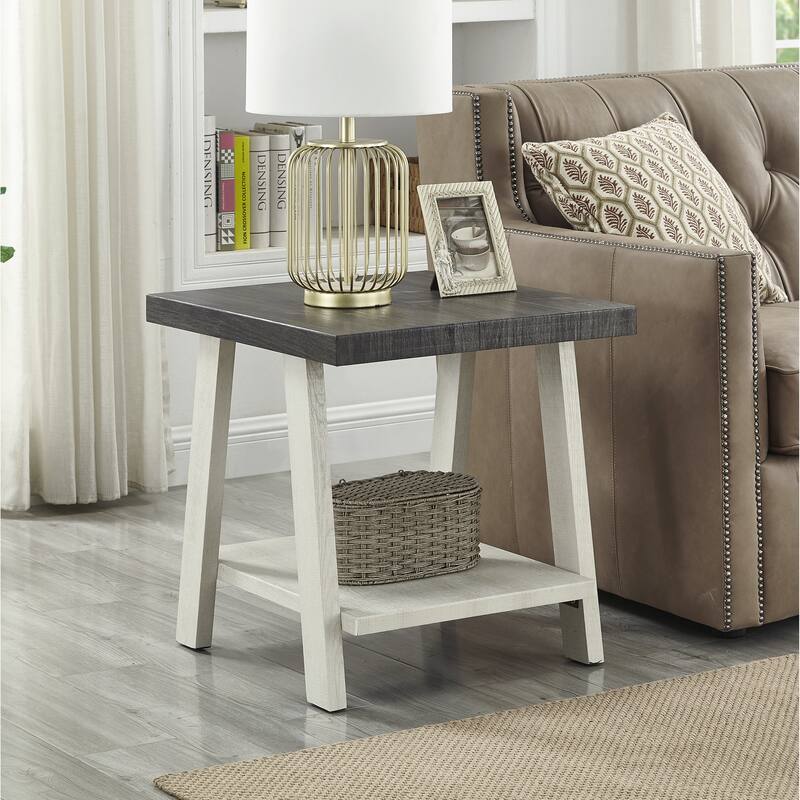 Contemporary Two-Tone Wood Shelf End Table in Weathered for Living Room - Weathered Charcoal and Beige
