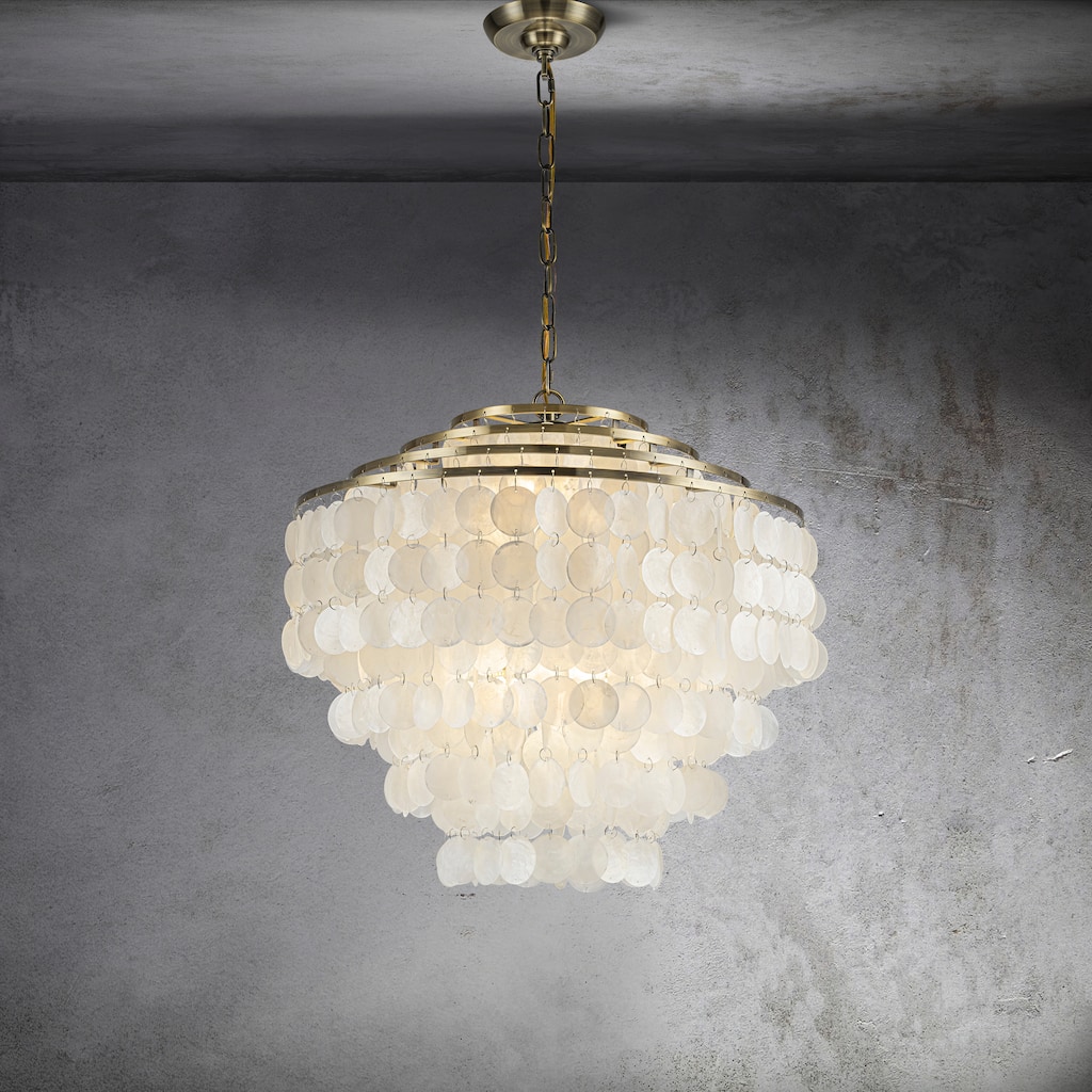 CraftHome 6-Light Vintage Coastal Natural Capiz Shell Tierd Chandelier - W:22"