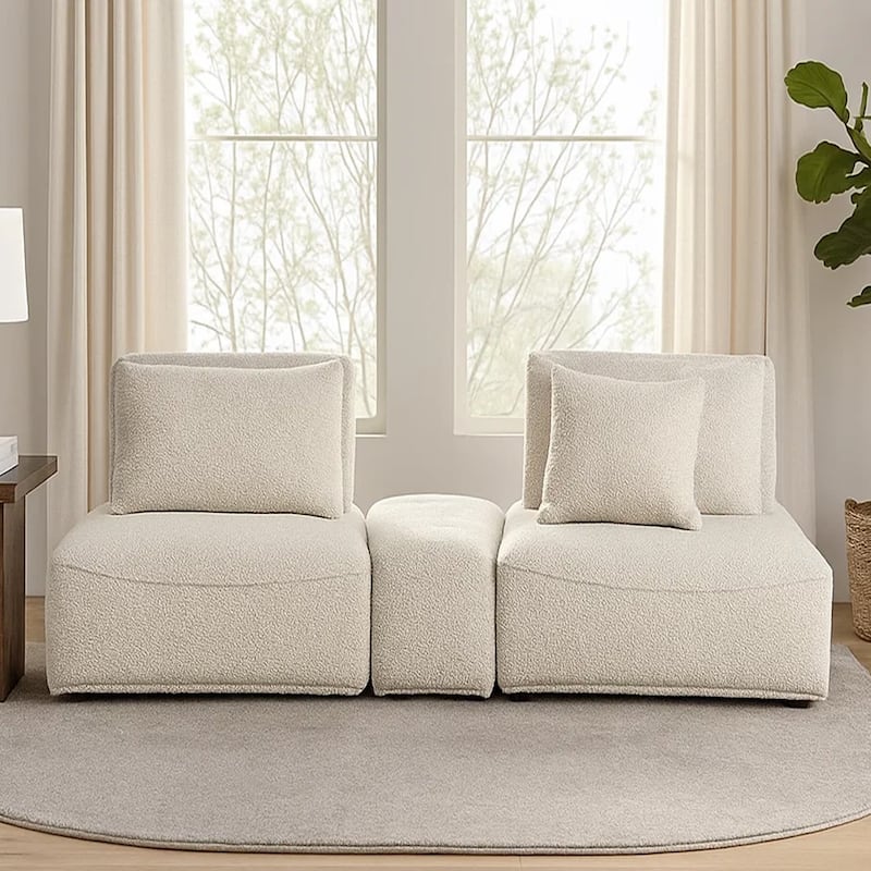 Stavan Modular Curved 2 Seat Sofa, Beige Boucle Adjustable Seat Depth