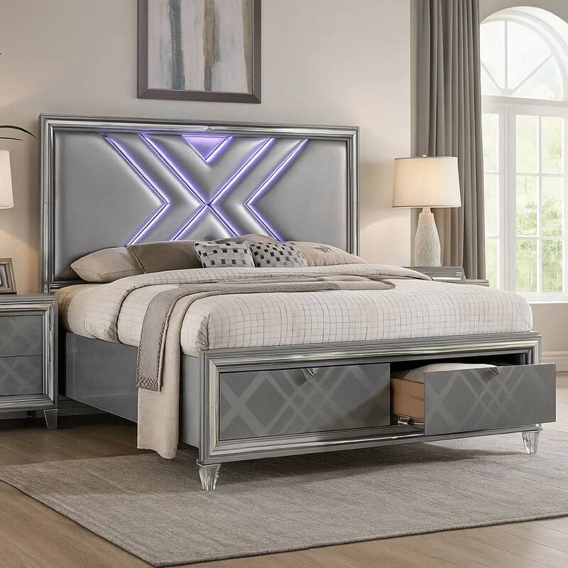 Lin Queen Size Bed w LED, Footboard Storage Drawers, Silver Upholstery